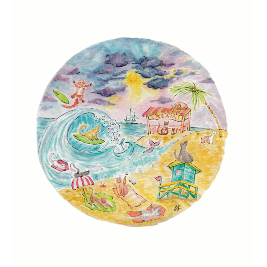 "Cat Beach Day" Illustrative Watercolor and Ink Print